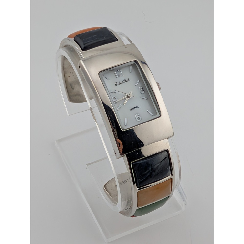 Peck & Peck Silver Tone Watch Multicolor Stone Cuff Band MOP Dial- New Battery